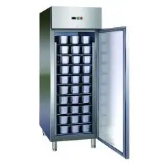 ARMARIO FRIGORÍFICO CONGELADOR DE ACERO INOX AISI 304 - PARA HELADERÍA - VENTILADO - Mod. GELATO990BT - CAPACIDAD Lt 852 - N. 1 PUERTA - TEMPERATURA -14º/-22ºC - Dim. cm L 74 x P 99 x h 201 - Posibilidad de contener N. 54 cubetas de Lt 5 - CE