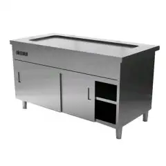 Mueble autoservicio con superficie caliente a seco y reserva con puertas correderas - Estructura inox con acabado scotch brite