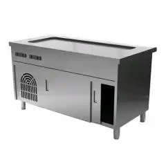 Mueble autoservicio frío con bordes y reserva con puertas correderas - Relieve h 2 cm - Estructura inox con acabado scotch brite