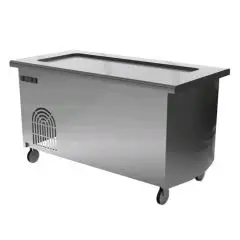 Mueble autoservicio frío con bordes - Central a isla sobre ruedas - Reserva oculta - Laterales terminales bajos - Estructura inox con acabado scotch brite