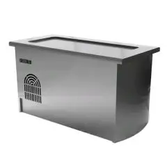 Mueble autoservicio frío con bordes - Central a isla - Laterales terminales y zócalos perimetrales - Estructura inox con acabado scotch brite