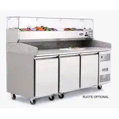 MESA REFRIGERADA PARA PREPARACIÓN DE PIZZA EN ACERO INOX - Mod. EPF3485GR/38 - CLASE ENERGÉTICA B - Con VITRINA DE INGREDIENTES GN 1/3 - PARA CAJAS DE PIZZA cm 60x40 - VENTILADO - N. 3 Puertas - Temperatura -2°/+8°C - Dim. cm. L 201 x P 80 x h 143,5 - CE