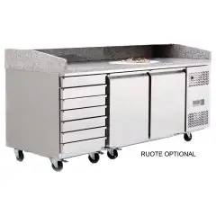 MESA REFRIGERADA PARA PREPARACIÓN DE PIZZA EN ACERO INOX - Mod. FQG4591 - VENTILADO - N. 2 Puertas - N. 7 CAJONES NEUTROS cm 60x40 - Temperatura 0°/+8°C - Dim. cm. L 201 x P 80 x h 100/160 - CE