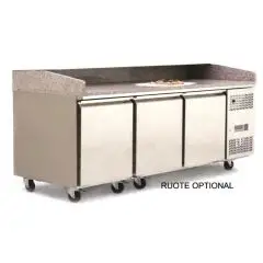 MESA REFRIGERADA PARA PREPARACIÓN DE PIZZA EN ACERO INOX - Mod. FQG4596GR - PARA CAJAS DE PIZZA cm 60x40 - VENTILADO - N. 3 Puertas - Temperatura 0°/+8°C - Dim. cm. L 201 x P 80 x h 100/160 - CE