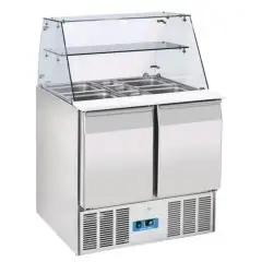 SALADETTE REFRIGERADA DE ACERO INOXIDABLE - Mod. CRQ 90A - ESTÁTICA - GASTRONORM 1/1(cm 53 x 32,5) - N. 2 PUERTAS REFRIGERADAS - TERMOSTATO DIGITAL - TEMPERATURA 0º/+8ºC - Dim. cm. L 90 x P 70 x h 129,5 - CE