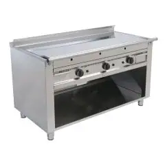 COCINA TEPPANYAKI A GAS 3 FUEGOS  - MOD. VGP3120L - 3 zonas de cocción - Construida exclusivamente a medida - Armario abierto - Plancha de cocción en baño de cromo duro y lúcido - Canal perimetral - Potencia a gas kW 17,4 (3x5,8 kW) - Medidas: cm A 120 x 