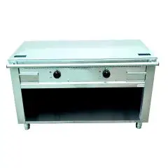 COCINA TEPPANYAKI ELÉCTRICA 2 zonas de cocción  - MOD. VGP2100G - Construida exclusivamente a medida - Armario abierto - Plancha de cocción en baño de cromo duro y lúcido - Canal perimetral - Potencia eléctrica kW 10,8 (2x5,4 kW) - Alimentación trifásica 