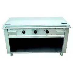 COCINA TEPPANYAKI ELÉCTRICA 3 zonas de cocción  - MOD. VGP3140G - Construida exclusivamente a medida - Armario abierto - Plancha de cocción en baño de cromo duro y lúcido - Canal perimetral - Potencia eléctrica kW 16,2 (3x5,4 kW) - Alimentación trifásica 