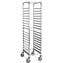 Carro portabandejas de horno - Mod. 2077 - Estructura de acero inoxidable AISI 304 - capacidad 18 bandejas de horno 60 x 40 cm - separaci&oacute;n entre gu&iacute;as cm 7,5 - Dimensiones cm 52 x 72 x 176 h