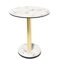 Mesa con tapa redonda - acabado blanco Karara - Columna chapada en lat&oacute;n - Modelo 329-HPR-408 - con base H 73 cm