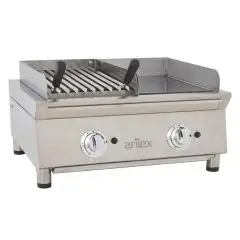 Plancha Frytop Cromo Duro de GAS con Parrilla de GAS de piedra volcánica - Mod 70FRYGCBN - Potencia 5,5 kw - Superficie útil AxF 610x396 mm - Quemadores n 4 - Dimensiones A 692 x F 587 x H 364 mm - Peso 50 kg