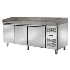 MESA REFRIGERADA PARA PREPARACIÓN DE PIZZA EN ACERO INOX - Para Contenedores o Cajas de PIZZA cm 60 x 40 x 7 H - VENTILADO - Mod. CM3602TN - N. 3 Puertas Refrigeradas - TEMPERATURA -2°/+8°C - Medidas cm. L 202 x P 80 x h 105 - CE