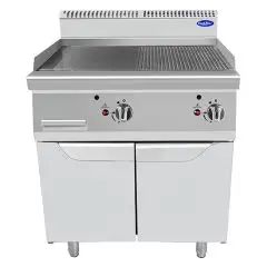 FRY TOP A GAS CON 1/2 PLACA LISA 1/2 PLACA ACANALADA EN INOX - Mod. CV7I8IHF - COMPARTIMIENTO CON PUERTAS BATIENTES - Potencia kW 14 - Medidas cm L 80 X F 70 X H 108,5 - Homologación CE