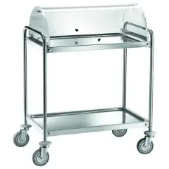 CARRO DE SERVICIO DE DOS PISOS - Mod CA139C - Para postres y aperitivos - Estructura tubular redonda Ø 25 mm de acero inoxidable - Bandejas moldeadas en acero inoxidable, insonorizadas con acabado satinado - Cúpula de plexiglás