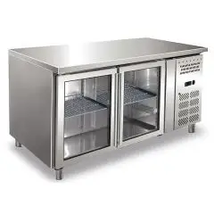 MESA REFRIGERADA EN ACERO INOX AISI 304 - VENTILADA - Mod. ECZ2100TNG - GASTRONORM 1/1 (cm 53 x 32,5) - N. 2 PUERTAS ACRISTALADAS - CAPACIDAD Lt 314 - TEMPERATURA -2°/+8°C - Medidas cm. L 136 x P 70 x h 86 - Homologación CE