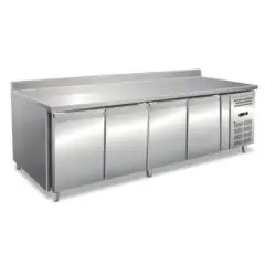 MESA REFRIGERADA CON PETO DE ACERO INOX AISI 304 - VENTILADO - Mod. ECZ4200BT - GASTRONORM 1/1 (cm 53 x 32,5) - N. 4 PUERTAS - CAPACIDAD Lt 616 - TEMPERATURA -10°/-20°C - Dim. cm. L 223 x P 70 x h 96 - CE