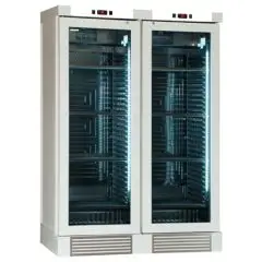 VITRINA REFRIGERADA PARA VINOS - Mod. ENY 820 N WHITE - ESTÁTICO - TEMPERATURA °C +4/+18 - N. 2 PUERTAS ACRISTALADAS - ESTRUCTURA EN MADERA DE CENIZA BLANQUEADA - ALIMENTACIÓN 220/50Hz MONOFÁSICA - Medidas cm L 131,5 x P 67,5 x H 188