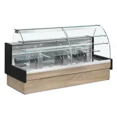 MOSTRADOR EST&Aacute;TICO REFRIGERADO PARA PASTELER&Iacute;A - MOD. COLORADO VR - TAPA DE PANTALLA CON C&Oacute;MODA CORREDERA - CRISTAL FRONTAL CURVO QUE SE PUEDE ABRIR CON BR&Uacute;JULA - TEMPERATURA +4/+6 &deg;C - TAPA DE LA PANTALLA: 82 cm