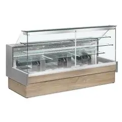 MOSTRADOR EST&Aacute;TICO REFRIGERADO PARA PASTELER&Iacute;A - MOD. COLORADO VR - TAPA DE PANTALLA CON C&Oacute;MODA CORREDERA - CRISTAL FRONTAL RECTO QUE SE PUEDE ABRIR CON BR&Uacute;JULA - TEMPERATURA +4/+6 &deg;C - TAPA DE LA PANTALLA: 82 cm