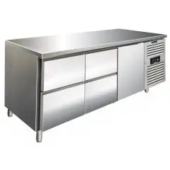 MESA REFRIGERADA EN ACERO INOX AISI 304 - VENTILADA - Mod CXF3140TN - GASTRONORM 1/1 (cm 53 x 32,5) - N 1 PUERTA REFRIGERADA - N 4 CAJONES REFRIGERADOS - CAPACIDAD Lt 358 - TEMPERATURA -2°/+8°C - Medidas cm L 179,5 x P 70 x h 86