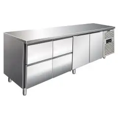 MESA REFRIGERADA EN ACERO INOX AISI 304 - VENTILADA - Mod CXF4140TN - GASTRONORM 1/1 (cm 53 x 32,5) - N 2 PUERTAS REFRIGERADAS - N 4 CAJONES REFRIGERADOS - CAPACIDAD Lt 476 - TEMPERATURA -2°/+8°C - Medidas cm L 223 x P 70 x h 86