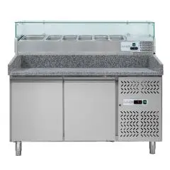 MESA REFRIGERADA PARA PREPARACIÓN DE PIZZA DE ACERO INOX - CON VITRINA PARA INGREDIENTES - PARA CONTENEDORES DE PIZZAS 60 X 40 - VENTILADO - Mod DB2600TN38 - 2 PUERTAS REFRIGERADAS - TEMPERATURA -2°/+8°C - Medidas cm L 151 x P 80 x h 143,5
