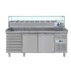 MESA REFRIGERADA PARA PREPARACIÓN DE PIZZA DE ACERO INOX - CON VITRINA PARA INGREDIENTES - PARA CONTENEDORES DE PIZZAS 60 X 40 - VENTILADO - Mod DB2610TN38 - 2 PUERTAS REFRIGERADAS + 1 CAJONERA NEUTRA CON N 7 CAJONES - TEMPERATURA -2°/+8°C - Medidas cm L 