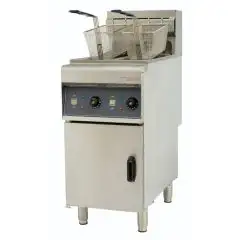 FREIDORA ELÉCTRICA - LÍNEA BECK - Modelo DF 10+10 LT - Capacidad de aceite de 20 litros - Potencia de 6 kW + 6 kW - Alimentación trifásica - Dimensiones cm L 40 x P 80 x 110 H - Norma CE
