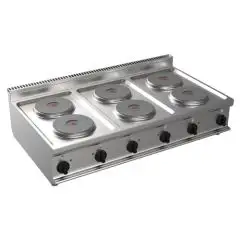 COCINAS ELÉCTRICAS DE SOBREMESA - MOD. G7GWEV6DD - N. 6 planchas redondas - Potencia kW 15,6 - Medidas: cm A 120 x F 70 x H 27 - Homologación CE