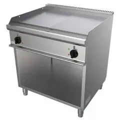 PLANCHA FRY TOP ELÉCTRICA - MOD. G7NUP2DCO - N. 2 zonas de cocción - PLANCHA 1/2 LISA 1/2 RAYADA - Potencia kW 10,8 - Medidas: cm A 80 x F 70 x H 85 - Homologación CE