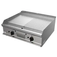 PLANCHA FRY TOP A GAS DE SOBREMESA - MOD. G7NUQ2DDO - 1/2 PLANCHA LISA 1/2 PLANCHA RAYADA - N. 2 zonas de cocción - Potencia kW 12 - Medidas: cm A 80 x F 70 x H 27 - Homologación CE