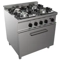 COCINA A GAS 4 FUEGOS - MOD. G7NURG4FO2M2G - Horno estático a gas GN 2/1 cm A 68,5 x F 53 x 35 H - Potencia total kW 31,9 - Medidas: cm A 80 x F 70 x H 85 - Homologación CE