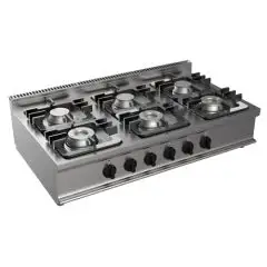 COCINA A GAS DE SOBREMESA - MOD. G7GWRG6DD6M - N. 6 fuegos - Potencia kW 27 - Medidas: cm A 105 x F 70 x H 27 - Homologación CE