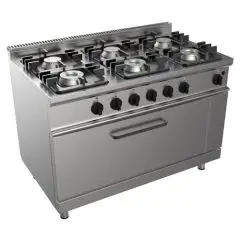 COCINA A GAS 6 FUEGOS - MOD. G7NURG6FG6M - Horno maxi estático a gas cm A 93 x F 53 x 35 H - Potencia gas total kW 39 - Medidas: cm A 120 x F 70 x H 85 - Homologación CE