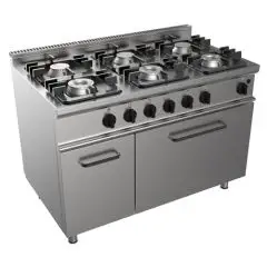 COCINA A GAS 6 FUEGOS - MOD. G7NURG6FN6M - Horno estático a gas GN 2/1 cm A 68,5 x F 53 x 35 H - Armario neutro con puerta - Potencia total kW 34,9 - Medidas: cm A 120 x F 70 x H 85 - Homologación CE