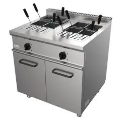CUECEPASTAS ELÉCTRICO - MOD. G7MUO2V80 - N. 2 cubas Lt. 28 + 28 - Armario neutro con puertas batientes - Potencia kW 14 - Medidas: cm A 80 x F 70 x H 85 - Homologación CE