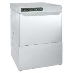 LAVAVASOS DE ACERO INOX AISI 304 - Mod EKO40 - Paso útil altura máxima cm 27,6 - Cesta cuadrada cm 40 x 40 - Ciclo 60-120" - Dispensador de abrillantador y detergente - Medidas cm L 48 x P 51,8 x h 69,6