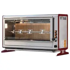 ASADOR VERTICAL A GAS - MOD. ELBA18/PG - CAPACIDAD N.18 POLLOS - N. 3 espadas de tubular inox mm 12 x 12 mm Longitud cm 96 - Quemador con válvula de seguridad, piezo y ladrillos refractarios - Potencia 55 W - Potencia térmica 14 Kw - Voltaje: 230 V MONOFÁ