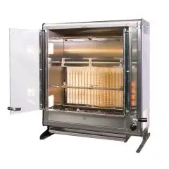 ASADOR VERTICAL A GAS - MOD. ELBA12/PG 4 ASTE - CAPACIDAD N 12 POLLOS - N 4 espadas de tubular inox mm 12 x 12 mm Longitud cm 54,3 - Quemador con válvula de seguridad, piezo - Alimentación 230 V MONOFÁSICA - Potencia 116 W - Potencia térmica 8 Kw - Medida
