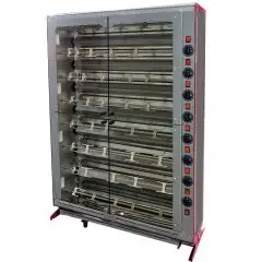 ASADOR VERTICAL ELÉCTRICO - MOD. ELBA48/PE - CAPACIDAD N.36 POLLOS - N. 8 espadas de tubular inox mm 12 x 12 Longitud cm 96 - Resistencias, cada uno con interruptor - Alimentación 400 V TRIFÁSICA - Potencia 20,5 Kw - Medidas: cm A 112,1 x F 39,1 x 155,6 h