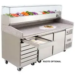 MESA REFRIGERADA PARA PREPARACIÓN DE PIZZA EN ACERO INOX - Mod. FQG4591GR - VENTILADO - N. 2 Puertas - N. 7 CAJONES NEUTROS cm 60x40 - Con Vitrina expositora para ingredientes - Temperatura -0°/+8°C - Dim. cm. L 201 x P 80 x h 100/160 - CE