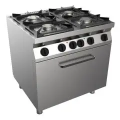 COCINA DE GAS DE 4 FUEGOS - MOD. H7MZE4FE - Sin llama piloto - Horno estático eléctrico GN 2/1 cm L 68,5 x P 53 x 35 H - Potencia total de gas kW 19 - Dimensiones: cm L 80 x P 70 x H 85 - CE