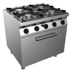 COCINA A GAS de 4 FUEGOS - MOD. H7MZE4FO - Sin llama piloto - Horno a Gas Estático GN 2/1 cm L 68,5 x P 53 x 35 H - Potencia Total kW 26,9 - Medidas: cm L 80 x P 70 x H 85 - CE