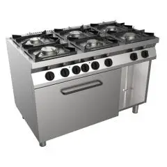 COCINA DE GAS DE 6 FUEGOS - MOD. H7MZE6FE - Sin llama piloto - Horno estático eléctrico GN 2/1 cm L 68,5 x P 53 x 35 H - Compartimento neutro - Potencia total de gas kW 28,5 - Dimensiones: cm L 120 x P 70 x H 85 - CE