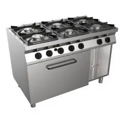 COCINA A GAS de 6 FUEGOS - MOD. H7MZE6FN - Sin llama piloto - Horno a Gas Estático GN 2/1 cm L 68,5 x P 53 x 35 H - Mueble Neutro - Potencia Total kW 36,4 - Medidas: cm L 120 x P 70 x H 85 - CE