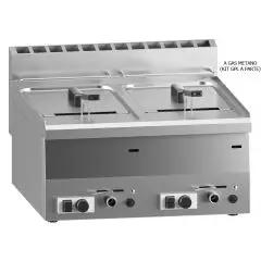 FREIDORA A GAS DE SOBREMESA - LÍNEA M - MOD. 60/60 FRG - N. 2 cubas Lt. 8 + 8 de aceite - Potencia kW 13,6 - Medidas: cm L 60 x P 60 x H 30 - CE