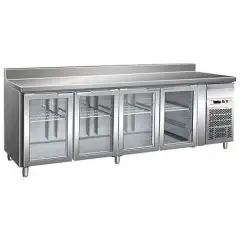 MESA REFRIGERADA CON PETO DE ACERO INOX AISI 304 - VENTILADO - Mod. G-GN4200TNG - GASTRONORM 1/1 (cm 53 x 32,5) - N. 4 PUERTAS DE CRISTAL - CAPACIDAD BRUTA Lt 553 - TEMPERATURA +2°/+8°C - Medidas cm. A 223 x F 70 x h 96 - CE