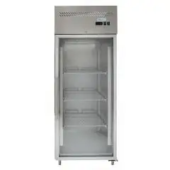 ARMARIO DE REFRIGERACIÓN DE ACERO INOX AISI 201 - VENTILADO - Mod. G-GN650BTG-FC - GASTRONORM 2/1 (cm 65 x 53) - N. 1 PUERTA DE CRISTAL - CAPACIDAD Lt 700 - TEMPERATURA -18°/-22° C - Medidas cm A 74 x F 83 x h 201 - CE
