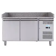 MESA REFRIGERADA PARA PREPARACIÓN DE PIZZA DE ACERO INOX AISI 201 - PARA CONTENEDORES PIZZAS cm 60x40 - VENTILADO - Mod. G-PZ2600TN FC - N. 2 PUERTAS - TEMPERATURA -2°/+8°C - Medidas cm A 151 X F 80 X h 100 - CE