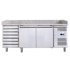 MESA REFRIGERADA PARA PREPARACIÓN DE PIZZA DE ACERO INOX AISI 201 - PARA CONTENEDORES PIZZAS cm 60x40 - VENTILADO - Mod. G-PZ2610TN FC - N. 2 PUERTAS REFRIGERADAS + 1 CAJONERAS NEUTRAS CON N. 7 CAJONES - TEMPERATURA -2°/+8°C - Medidas cm A 202 X F 80 X h 